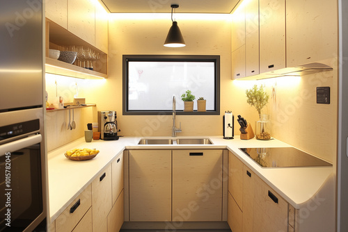 Cozy modern kitchen with wooden cabinetry, open shelving, and ambient lighting creating a warm, inviting cooking space