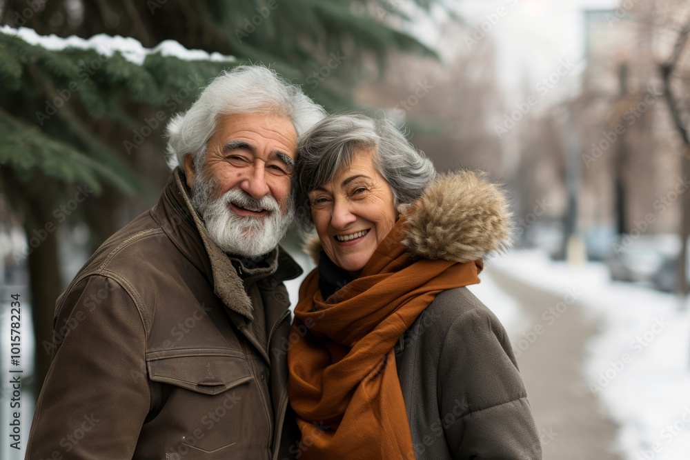 Portrait of a happy senior couple walking in the park in winter Portrait of a happy senior couple walking in the park in winter