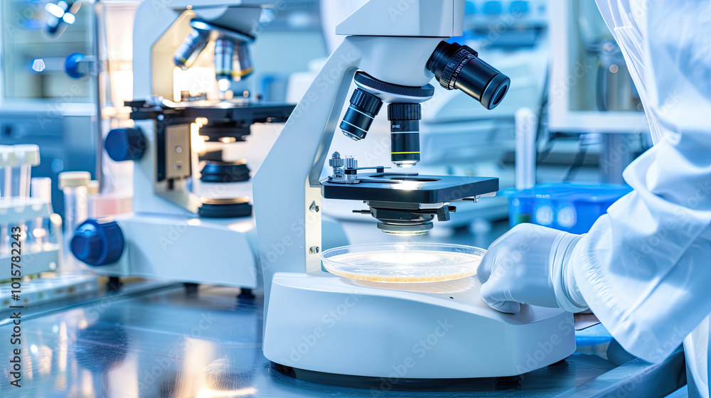Scientist in lab coat examining microscope with bacteria samples in petri dish, symbolizing disease investigation and medical research. Scientist in lab coat examining microscope with bacteria samples in petri dish, symbolizing disease investigation and medical research.