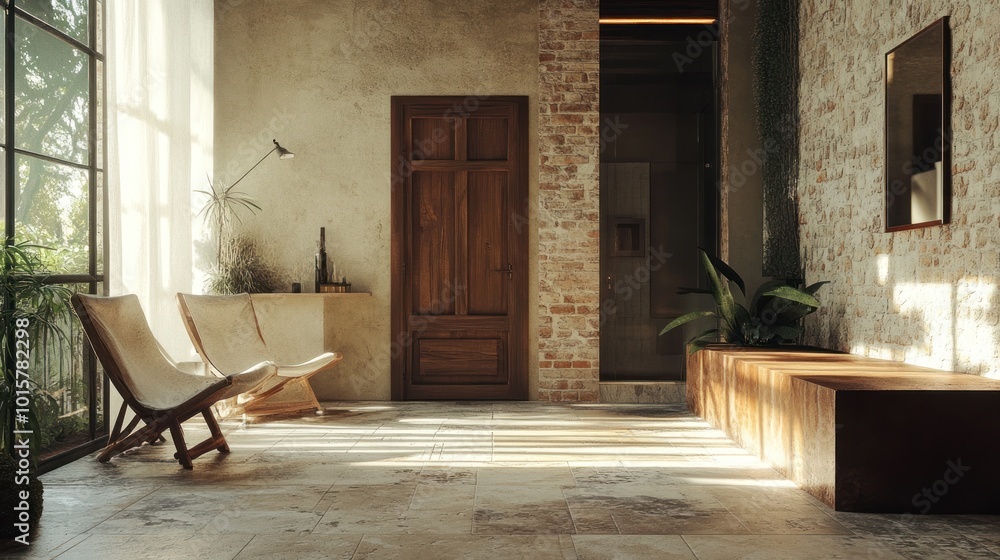 Interior design with a wooden bench and chairs in a modern and cozy hallway. Interior design with a wooden bench and chairs in a modern and cozy hallway.