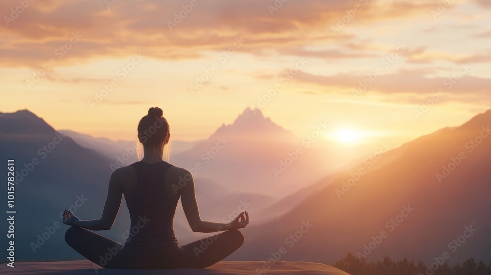 Woman Meditating on Mountaintop at Sunset Woman Meditating on Mountaintop at Sunset