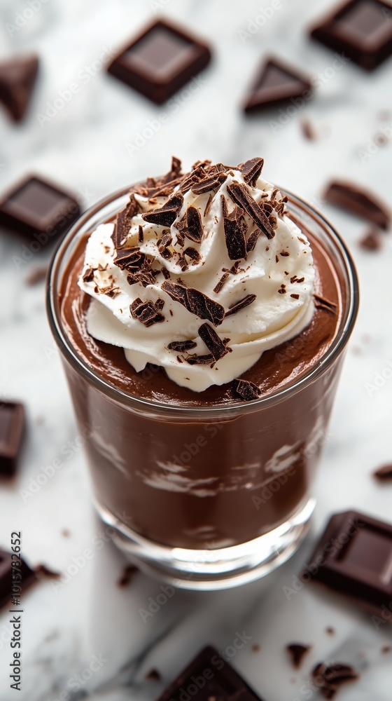 This rich chocolate dessert is served in a glass, generously topped with whipped cream and chocolate shavings. Surrounding it are pieces of chocolate on a marble surface This rich chocolate dessert is served in a glass, generously topped with whipped cream and chocolate shavings. Surrounding it are pieces of chocolate on a marble surface