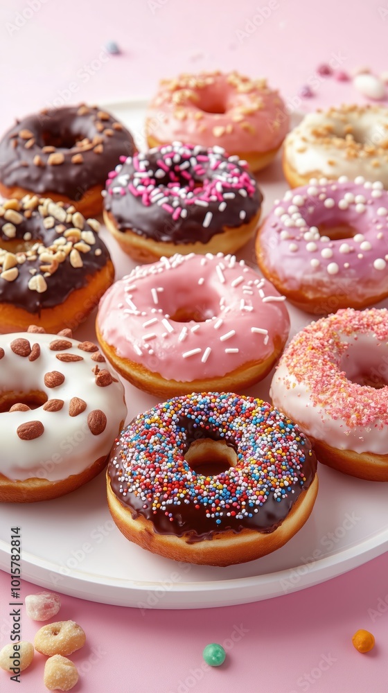 A delightful variety of doughnuts in vibrant colors and toppings, arranged neatly on a round plate against a soft pink background, appealing to dessert lovers A delightful variety of doughnuts in vibrant colors and toppings, arranged neatly on a round plate against a soft pink background, appealing to dessert lovers