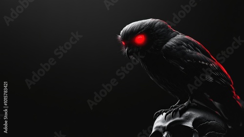 Black owl with glowing red eyes perched on a skull, dark background.