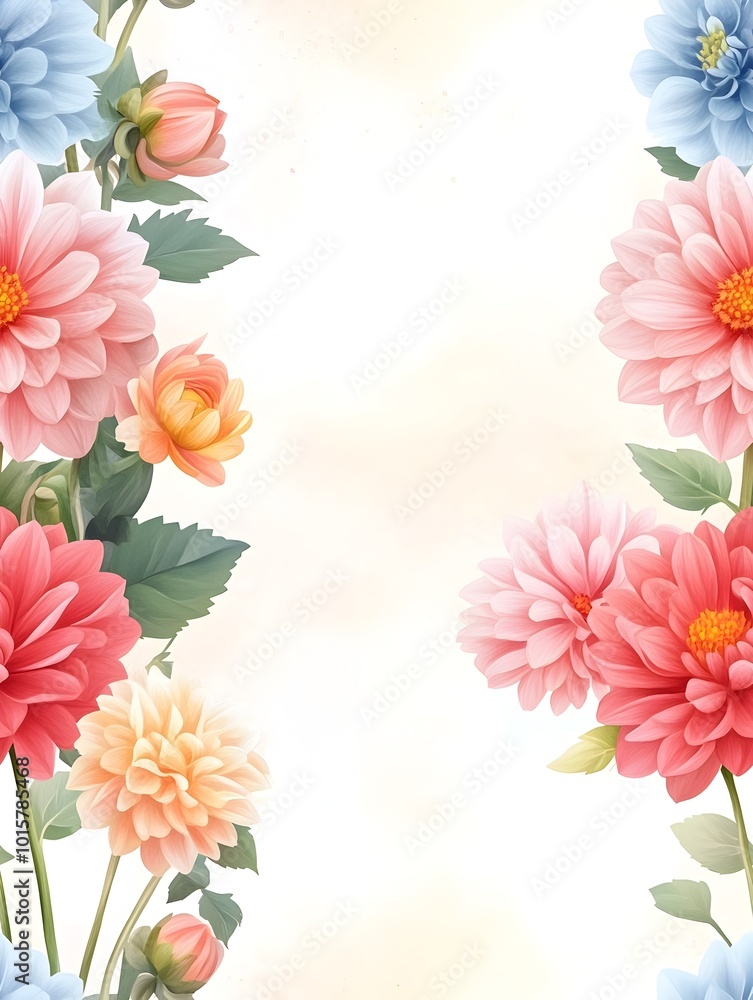 Delicate Watercolor Dahlias in Soft Pastel Hues on Neutral Gray Background Delicate Watercolor Dahlias in Soft Pastel Hues on Neutral Gray Background