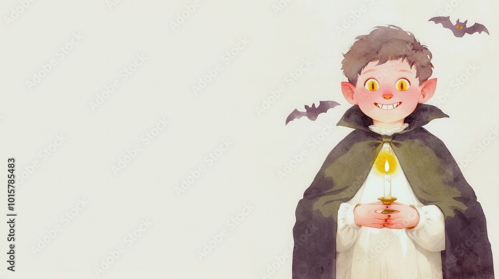Gothic vampire child, mischievous grin, candle light, eerie glow, Watercolor Gothic vampire child, mischievous grin, candle light, eerie glow, Watercolor