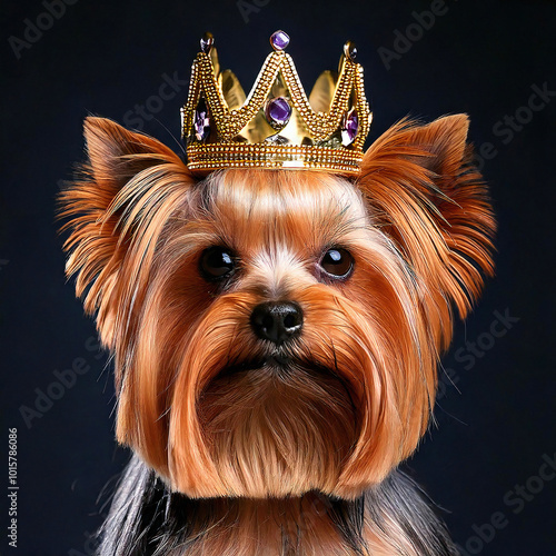 Yorkshire Terrier Wearing A Crown, Dog Portrait Photography, Yorkshire Terrier Close-up, Yorkshire Terrier Pet Photo, High Quality Dog Image photo