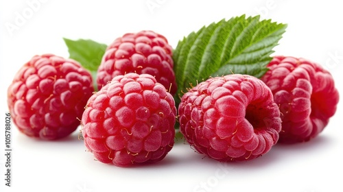 Fresh Raspberries with Leaves on White Background.