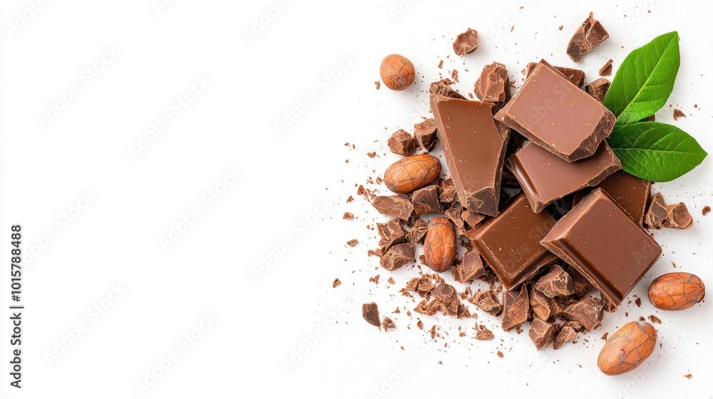 A photostock images of chocolate chunks and cocoa nibs with cocoa beans on a clean white background A photostock images of chocolate chunks and cocoa nibs with cocoa beans on a clean white background