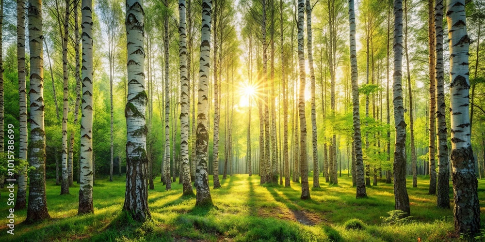 Obraz premium Golden sunlight filtering through a vibrant birch forest, casting long shadows on the lush green undergrowth