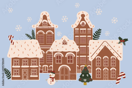 Hand drawn gingerbread houses village group collage. Isolated Christmas cookies with icing and candies elements. Winter holidays celebration decoration dessert vector