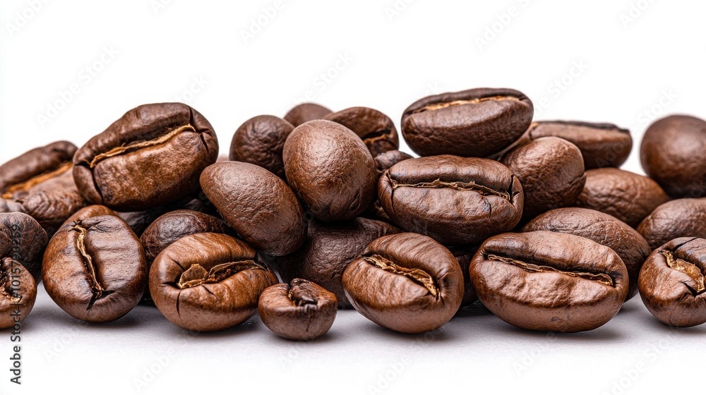 A photostock images of coffee beans scattered on a clean white background A photostock images of coffee beans scattered on a clean white background