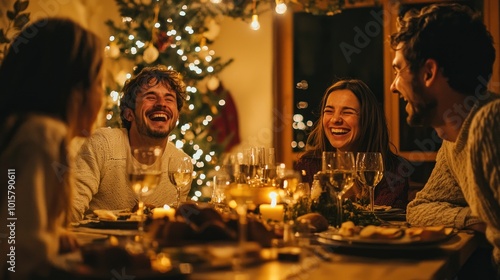 spouses laughing together at a cozy dinner table.