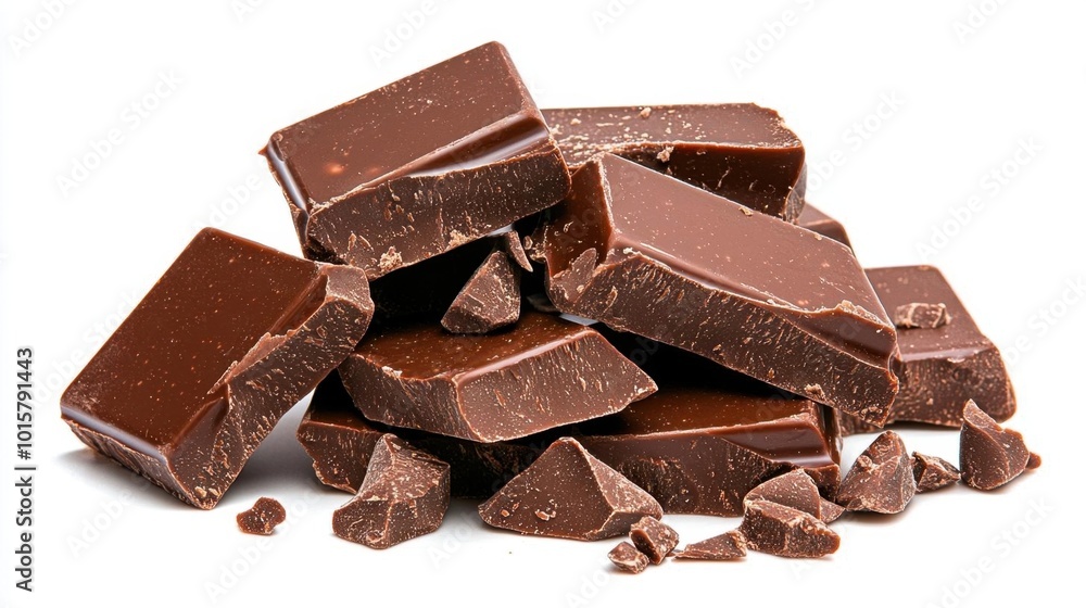 A photostock images of dark chocolate pieces stacked together on a clean white background