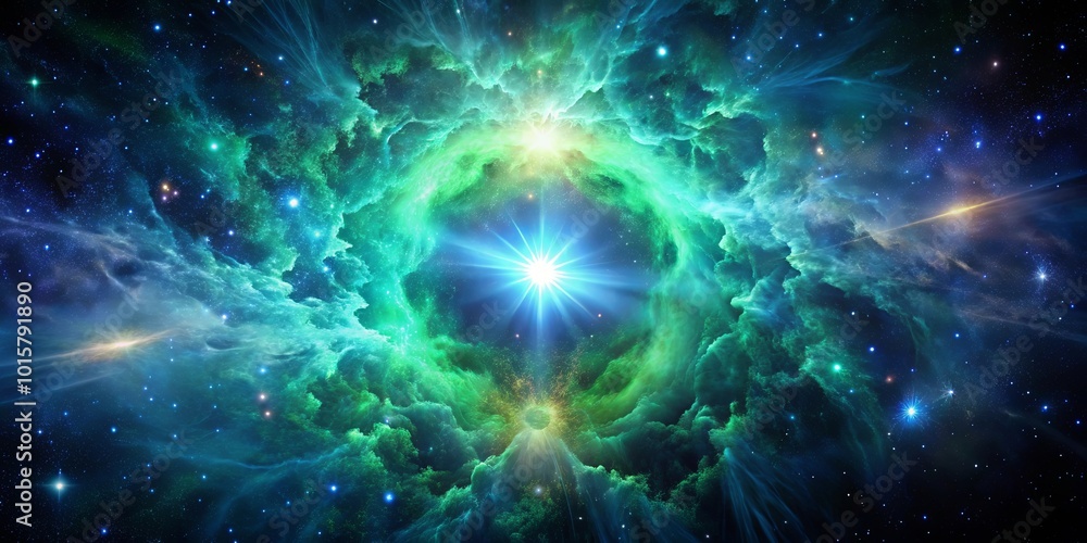 Obraz premium A celestial dance of cosmic clouds, a bright star shines through a vibrant nebula, illuminating the vastness of the universe.