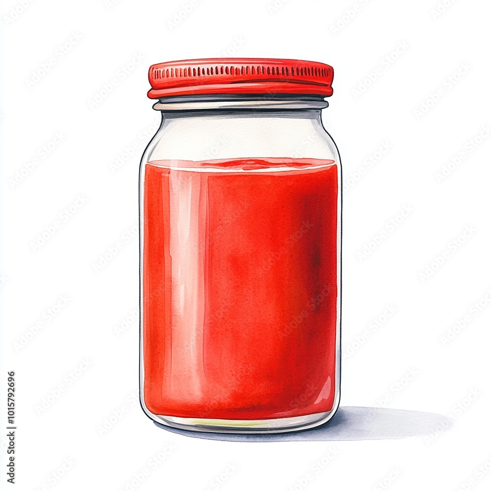 Red sauce in glass jar on a white isolate background Watercolor illustration. Red sauce in glass jar on a white isolate background Watercolor illustration.
