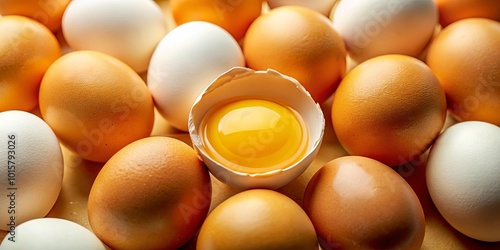 A close-up view of a broken egg with a vibrant yolk surrounded by a cluster of whole brown and white eggs. photo