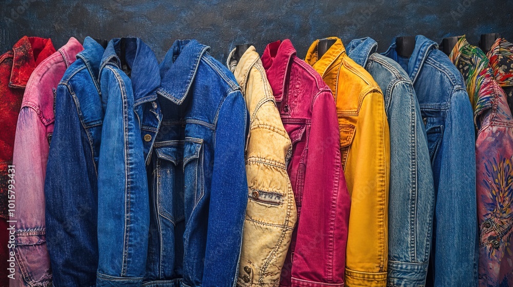 Colorful display of denim jackets in a trendy clothing Colorful display of denim jackets in a trendy clothing
