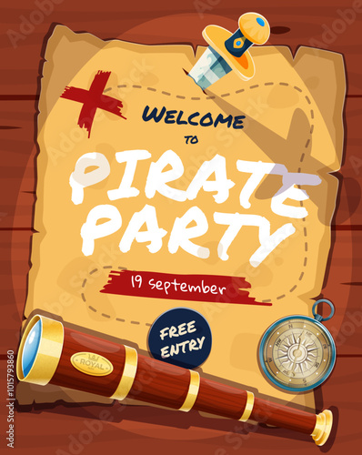 Pirate party flyer with vintage manuscript scroll, dagger and spyglass. Cartoon vector fun, adventure-themed invitation featuring old treasure map with a dagger pinned to it, telescope and compass