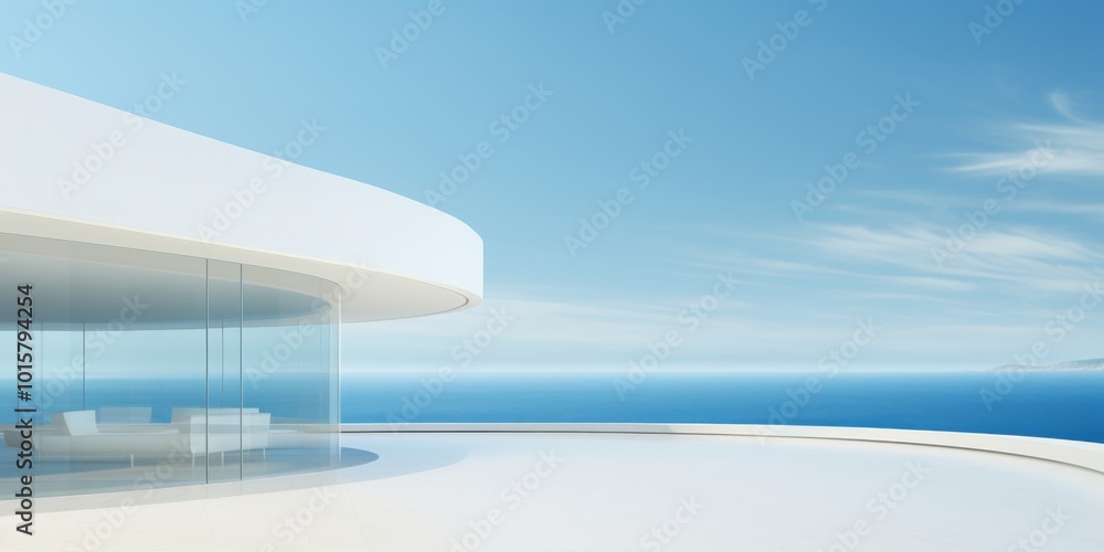 Fototapeta premium A luxurious white building with a curved facade and expansive glass windows offers breathtaking views of the sea, reflecting clear blue skies