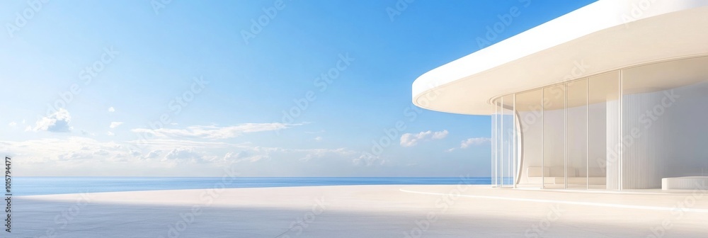 Fototapeta premium A luxurious white building with a curved facade and expansive glass windows offers breathtaking views of the sea, reflecting clear blue skies