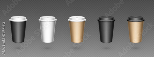 Paper coffee to go cup with plastic cap and shadow on transparent background. Realistic 3d vector illustration set of white, black and brown takeaway mug mockup for hot drink. Disposable container.