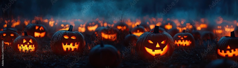 A haunting scene featuring glowing pumpkins, casting eerie shadows in a misty Halloween night landscape. A haunting scene featuring glowing pumpkins, casting eerie shadows in a misty Halloween night landscape.