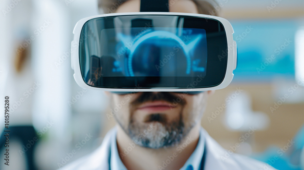 Man wearing a virtual reality headset, immersed in a digital ...