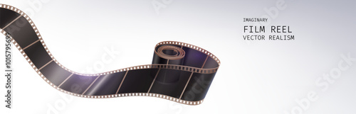 Movie banner with film strip roll on white background with space for text. Realistic 3d vector cinema or photography negative 35mm reel tape. Cinematography and photograph bg with curve filmstrip.