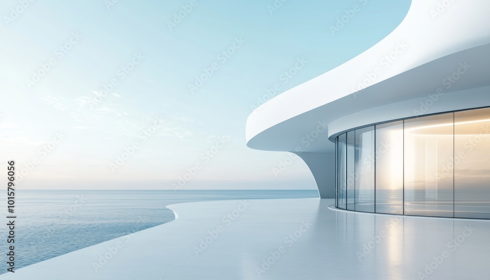 A sleek white minimalist building with curved walls and glass windows offers a stunning ocean view against a light blue sky, creating a serene atmosphere. A sleek white minimalist building with curved walls and glass windows offers a stunning ocean view against a light blue sky, creating a serene atmosphere.