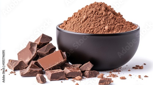 A photostock images of rich cocoa powder in a bowl next to chocolate pieces on a clean white background photo