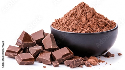 A photostock images of rich cocoa powder in a bowl next to chocolate pieces on a clean white background