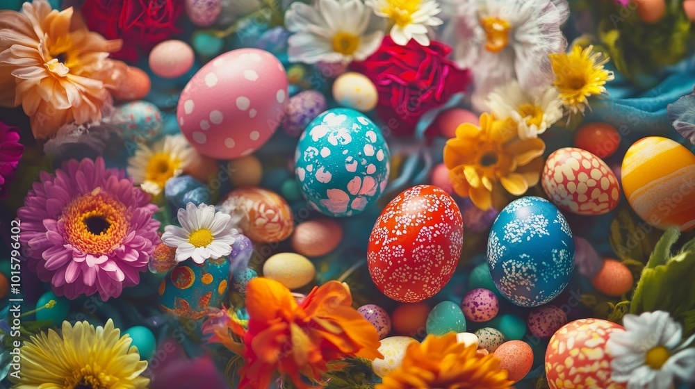 Celebrate Easter with a vibrant and festive background featuring colorful Easter eggs, spring flowers, and cheerful decorations, capturing the essence of renewal and joy Celebrate Easter with a vibrant and festive background featuring colorful Easter eggs, spring flowers, and cheerful decorations, capturing the essence of renewal and joy