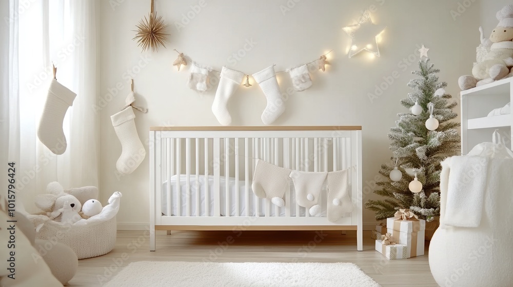 A cozy nursery decorated for the holidays with stockings and a Christmas tree. A cozy nursery decorated for the holidays with stockings and a Christmas tree.
