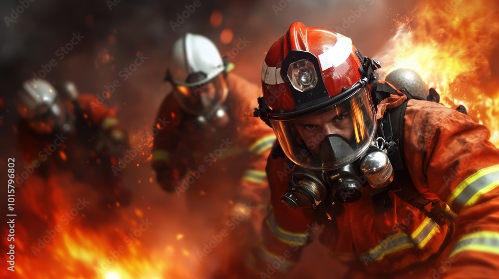 Brave firefighters battling flames and smoke in a dramatic rescue scene. Brave firefighters battling flames and smoke in a dramatic rescue scene.