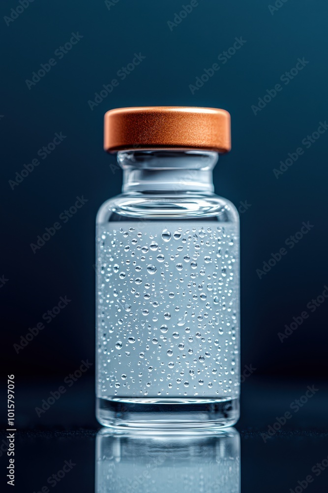 Clear glass vial filled with liquid, condensation droplets, isolated background. Clear glass vial filled with liquid, condensation droplets, isolated background.