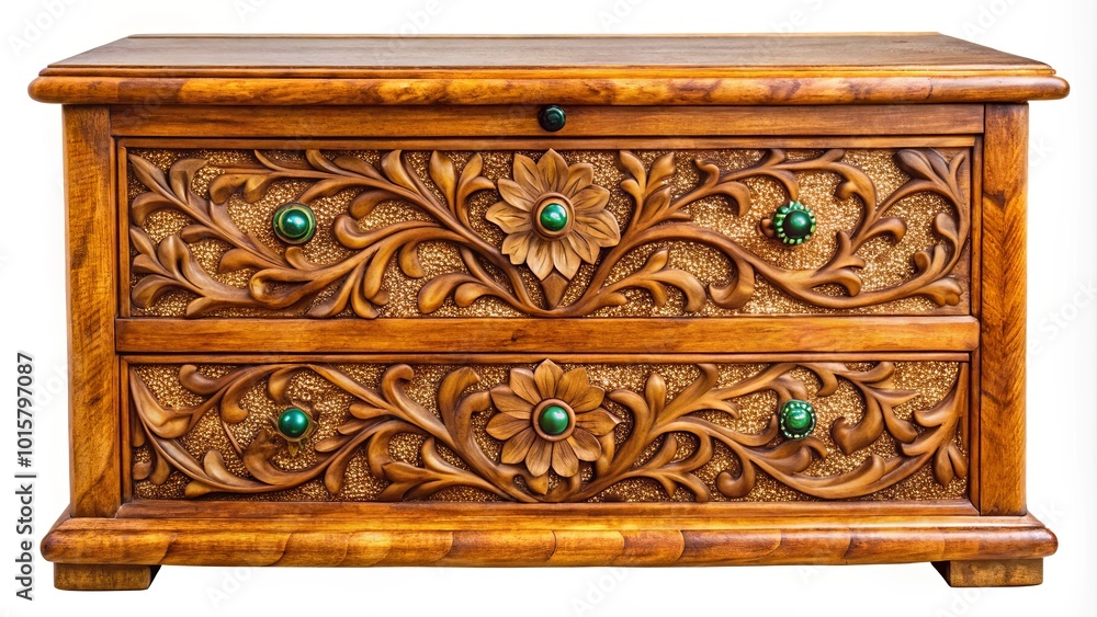 Intricately Carved Wooden Chest with Emerald Accents and Delicate Floral Motifs Intricately Carved Wooden Chest with Emerald Accents and Delicate Floral Motifs