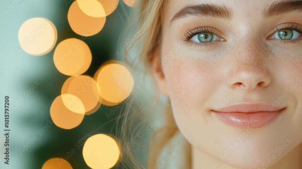 Close-up of a young woman smiling softly with bokeh lights in the background. Close-up of a young woman smiling softly with bokeh lights in the background.
