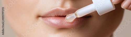 Close-up of lips with lip serum applicator, natural beauty concept.