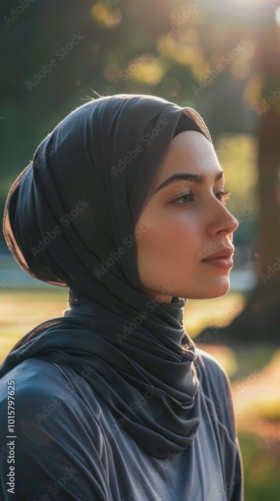 A woman wearing a black hijab is standing in a park A woman wearing a black hijab is standing in a park