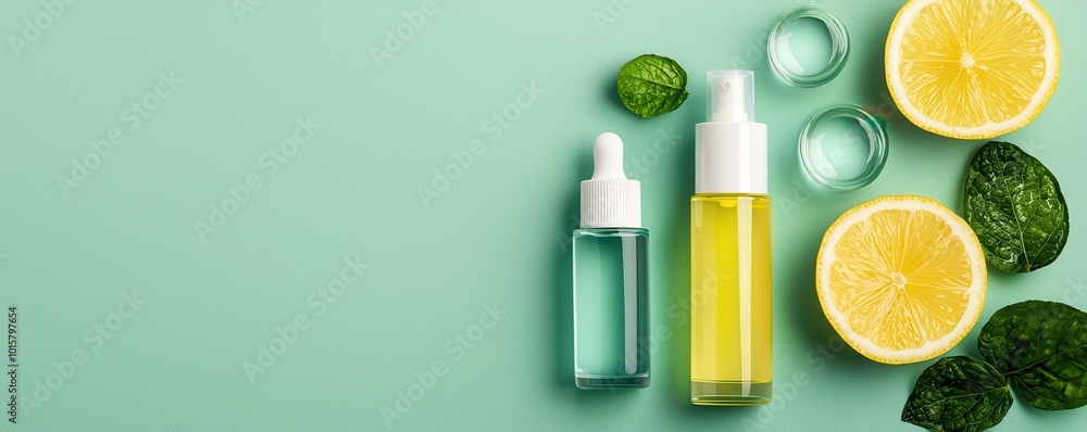 Essential oils and citrus on green background, fresh and natural wellness vibe. Essential oils and citrus on green background, fresh and natural wellness vibe.