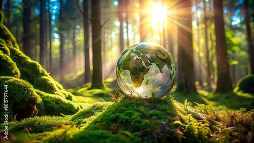 A Glass Globe Reflecting the Sun's Rays Through a Forest Canopy, Symbolizing the Interconnectedness of Nature and Life