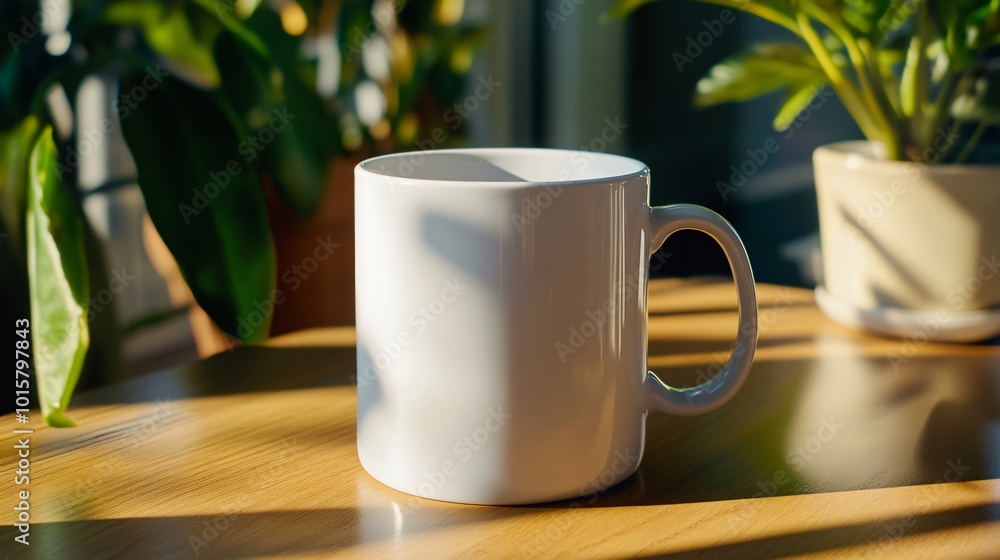 White coffee mug on a wooden table with a potted plant in the background. White coffee mug on a wooden table with a potted plant in the background.