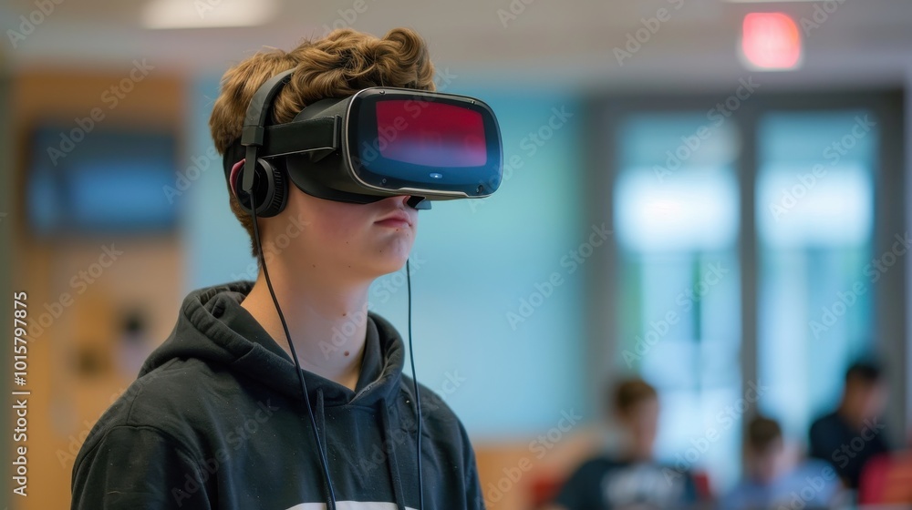 A boy wearing a black hoodie and headphones is looking at a virtual reality game A boy wearing a black hoodie and headphones is looking at a virtual reality game