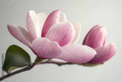 Two pink magnolia flowers blooming on white background