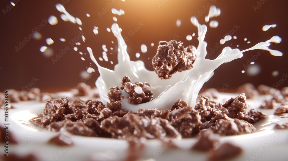 Fototapeta premium Chocolate corn flakes with milk splashes