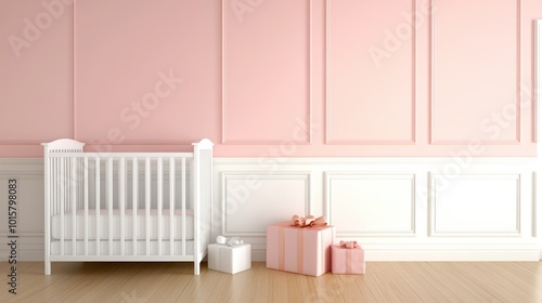 Cozy nursery with a white crib and pastel pink wall, perfect for a baby's room. photo