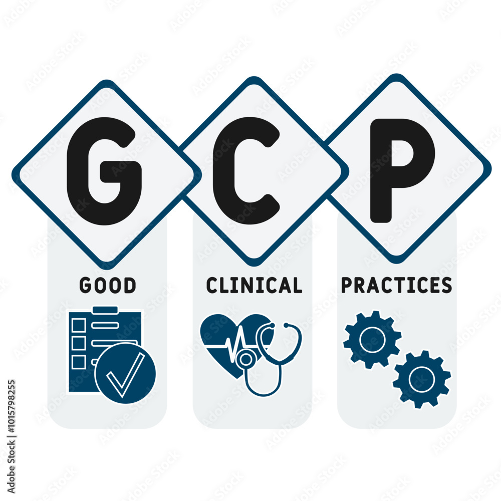 GCP - Good Clinical practices acronym. medical concept background. vector illustration concept with keywords and icons. lettering illustration with icons for web banner, flyer, landing pag GCP - Good Clinical practices acronym. medical concept background. vector illustration concept with keywords and icons. lettering illustration with icons for web banner, flyer, landing pag