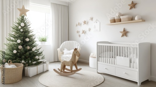 Cozy nursery with Christmas tree, rocking horse, and festive decor on white background.