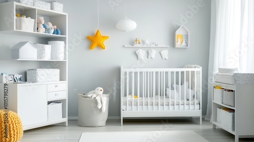 Cozy nursery with crib, yellow star decor, and soft furnishings in soft color palette.